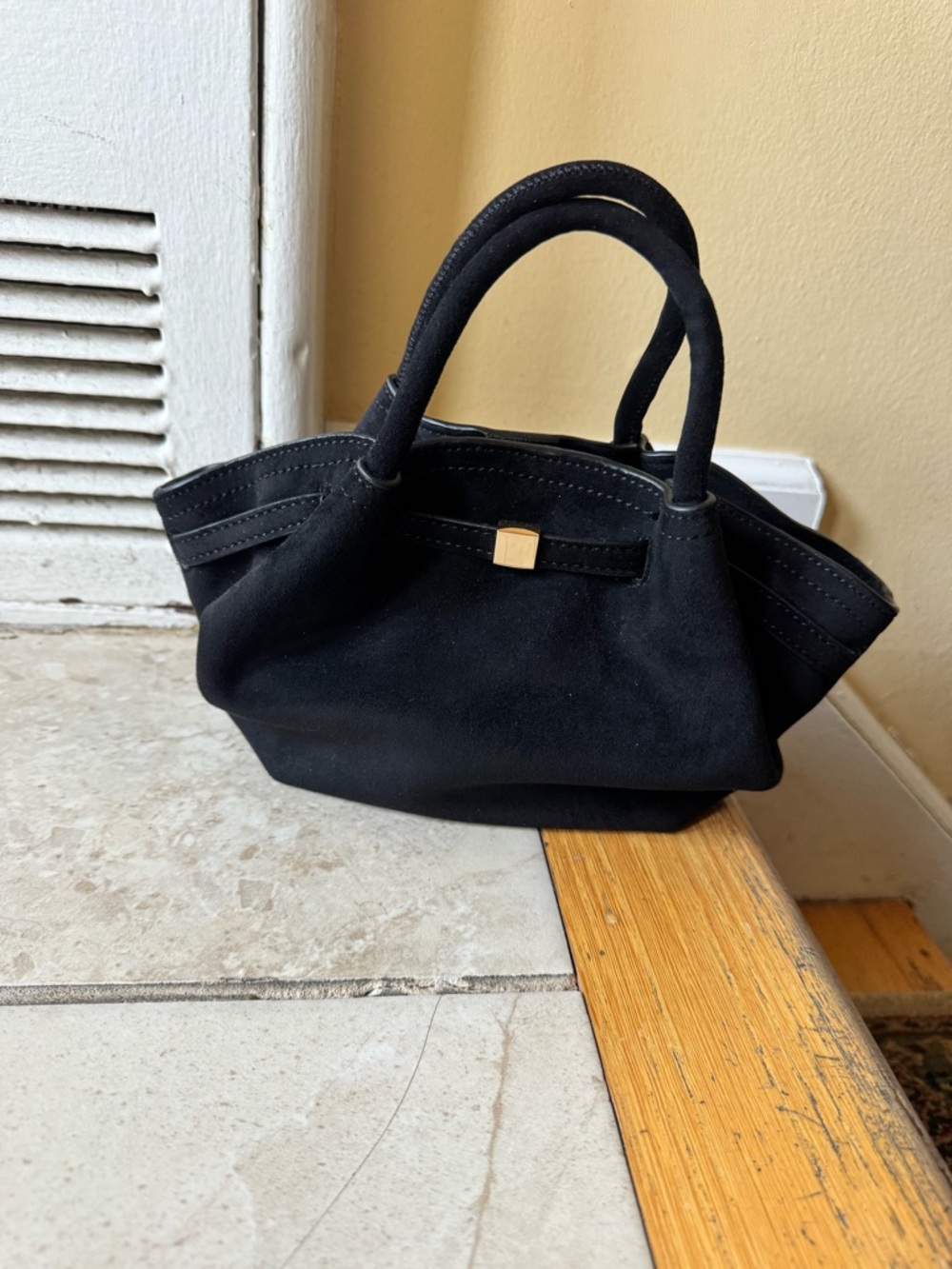 Classic Black Suede Top-Handle Women's Bag Small